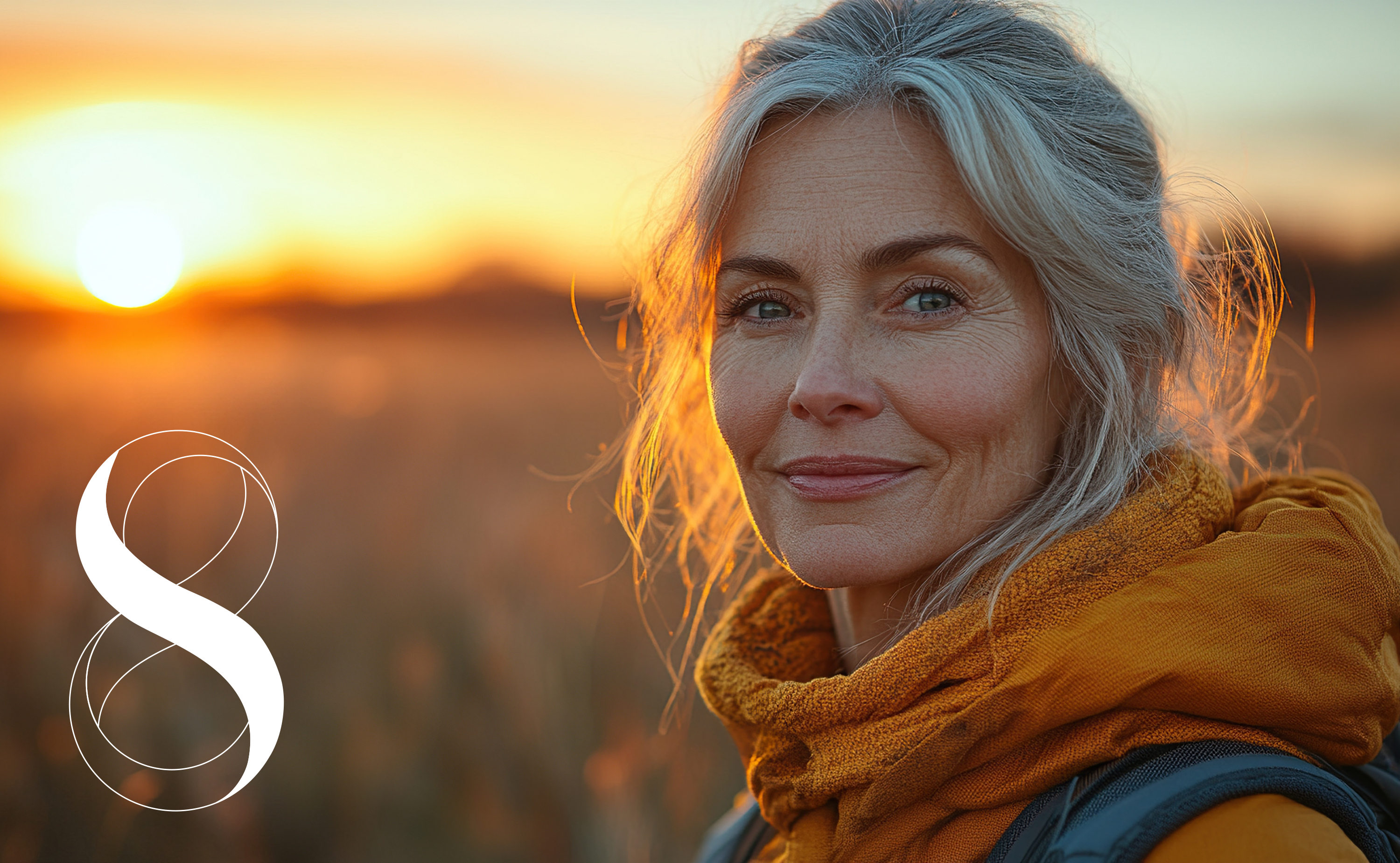 Ältere Dame mit Rucksack in der Natur, die Sonne geht auf, sie trägt einen Rucksack und lächelt freundlich. Symbolfoto für gesundes und zufriedenes Älterwerden.