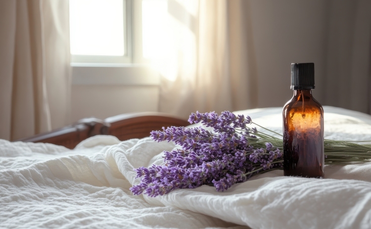 Eine Flasche mit ätherischem Öl und ein Bund frischer Lavendelblüten liegen auf einem weißen, zerknitterten Bettlaken